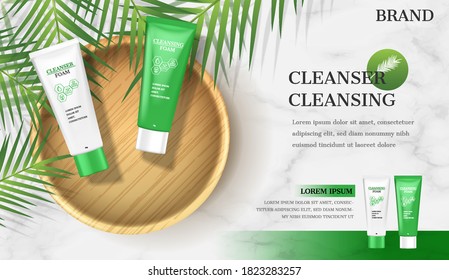 Facial Foam Ads. Cleansing Lotion On Plate With Coconut