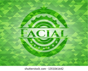 Facial green emblem with mosaic ecological style background