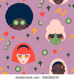 Facial green mask beauty and spa seamless pattern vector woman, cosmetics and skincare procedure salon service candle female character. Face care concept. Seamless pattern. Cartoon style