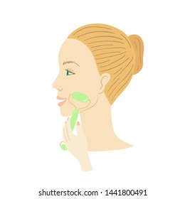 Facial Gua Sha massage. Woman with facial jade roller. Vector illustration.