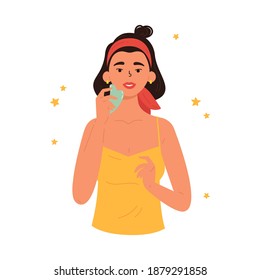 Facial Gua Sha massage. Woman with facial gua sha stone. Facial yoga. Young woman massaging her face. Anti-aging traditional chinese medicine self care method. Vector flat illustration on white. 