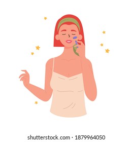 Facial Gua Sha massage. Woman with facial jade roller. Facial yoga. Young woman massaging her face. Anti-aging traditional chinese medicine self care method. Vector flat illustration on white. 