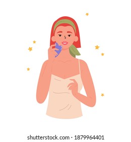 Facial Gua Sha massage. Woman with facial gua sha stone. Facial yoga. Young woman massaging her face. Anti-aging traditional chinese medicine self care method. Vector flat illustration on white. 