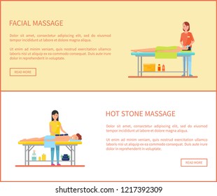 Facial and hot stone massage session cartoon vector banner. Masseur in uniform and rubber gloves massaging lying on table patient covered by towel