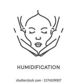 Facial humidification and face moisturizer isolated linear icon vector. Girl face and hands applying moisturizing cream. Cosmetology and skincare, washing and wiping skin, hydration procedure