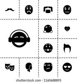 Facial icon. collection of 13 facial filled icons such as man hairstyle, emot in love, emoji, surprised emot, dancing emoji. editable facial icons for web and mobile.