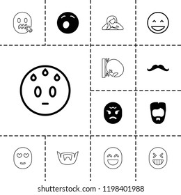 Facial icon. collection of 13 facial filled and outline icons such as man hairstyle, yawn emot, laughing emot, mustache, angry emoji. editable facial icons for web and mobile.