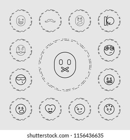 Facial icon. collection of 13 facial outline icons such as wink emote, cool emote in sunglasses, rolling eyes emoji, heart face. editable facial icons for web and mobile.