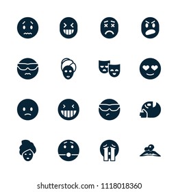 Facial icon. collection of 16 facial filled icons such as woman in spa, spa mask, laughing emot, sad emot, crying emoji, mask. editable facial icons for web and mobile.