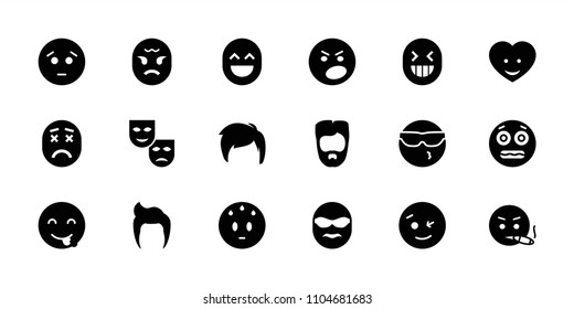 Facial icon. collection of 18 facial filled icons such as man hairstyle, wink emot, sad emot, shocked emoji, mask, heart face. editable facial icons for web and mobile.
