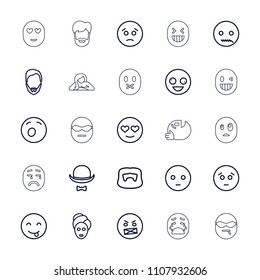 Facial icon. collection of 25 facial outline icons such as man hairstyle, spa mask, crazy emot, sad emot, hat and moustache. editable facial icons for web and mobile.