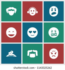 Facial icon. collection of 9 facial filled icons such as man hairstyle, woman in spa, laughing emot, emot in love, angry emot, emoji. editable facial icons for web and mobile.