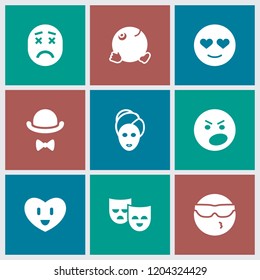 Facial icon. collection of 9 facial filled icons such as spa mask, cool emot in sunglasses, emot in love, dancing emoji, mask. editable facial icons for web and mobile.