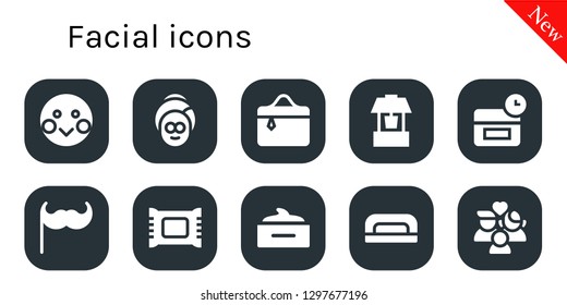  facial icon set. 10 filled facial icons. Simple modern icons about  - Shy, Spa, Cosmetics, Well, Anti age, Moustache, Makeup remover, Hair mask, Nail dryer, Wellness