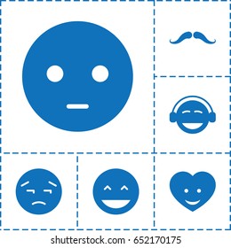 Facial icon. set of 6 facial filled icons such as mustache, laughing emot, sad emot, upset emot, emoji