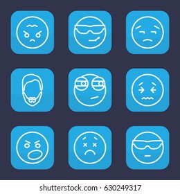 Facial icon. set of 9 outline facial icons such as man hairstyle, cool emot in sunglasses, upset emot, angry emot, rolling eyes emoji