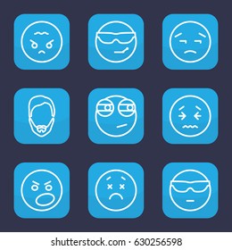 Facial icon. set of 9 outline facial icons such as man hairstyle, cool emot in sunglasses, upset emot, angry emot, rolling eyes emoji