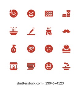 facial icon set. Collection of 16 filled facial icons included Incense, Emoticon, Wipes, Well, Sad, Lotion, Mustache, Cosmetics, Eyeshadow, Angry