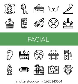 facial icon set. Collection of Spa, Sauna, Mask, Face id, Serum, Moustache, Sad, Incense, Massage, Otoplasty, Facial mask, Fish therapy, Aromatherapy, Angry icons