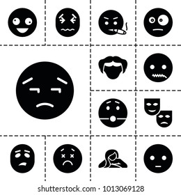 Facial icons. set of 13 editable filled facial icons such as crazy emot, sad emot, mask, man hairstyle