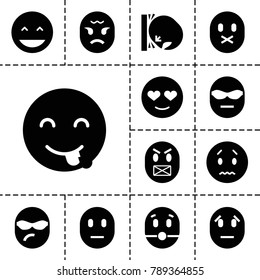 Facial icons. set of 13 editable filled facial icons such as laughing emot, sad emot