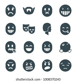 Facial icons. set of 16 editable filled facial icons such as laughing emot, upset emot, dancing emoji, face, man hairstyle, mask