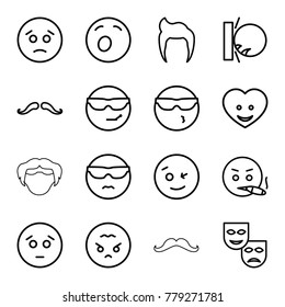 Facial icons. set of 16 editable outline facial icons such as man hairstyle, mustache, wink emot, sad emot, angry emoji, mask