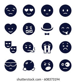Facial icons set. set of 16 facial filled icons such as sad emot, cool emot in sunglasses, crying emoji, dancing emoji, heart face, hat and moustache