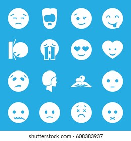 Facial icons set. set of 16 facial filled icons such as man hairstyle, woman in spa, wink emot, sad emot, crying emoji, heart face