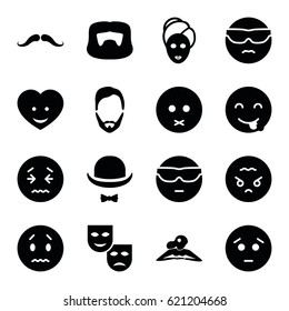 Facial icons set. set of 16 facial filled icons such as mustache, man hairstyle, woman in spa, spa mask, sad emot, cool emot in sunglasses, angry emoji, heart face