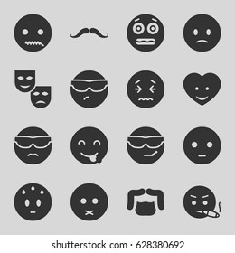 Facial icons set. set of 16 facial filled icons such as mustache, man hairstyle, sad emot, cool emot in sunglasses, shocked emoji, heart face