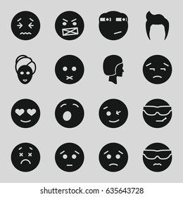 Facial icons set. set of 16 facial filled icons such as man hairstyle, spa mask, wink emot, sad emot, rolling eyes emoji