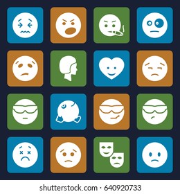 Facial icons set. set of 16 facial filled icons such as sad emot, cool emot in sunglasses, dancing emoji, heart face, face