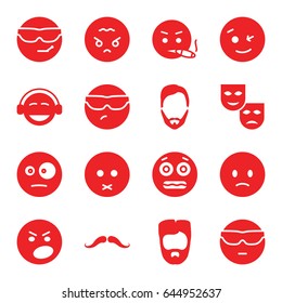 Facial icons set. set of 16 facial filled icons such as mustache, man hairstyle, wink emot, sad emot, emoji, shocked emoji, angry emoji