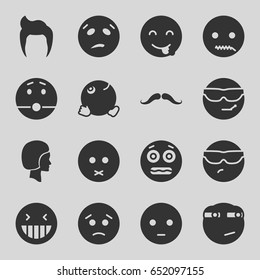 Facial icons set. set of 16 facial filled icons such as man hairstyle, mustache, laughing emot, sad emot, shocked emoji, rolling eyes emoji, dancing emoji