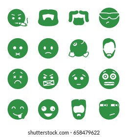 Facial icons set. set of 16 facial filled icons such as man hairstyle, crazy emot, sad emot, shocked emoji, rolling eyes emoji
