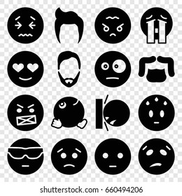 Facial icons set. set of 16 facial filled icons such as man hairstyle, sad, cool emot in sunglasses, crying emoji, angry