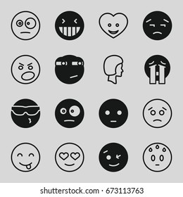 Facial icons set. set of 16 facial filled and outline icons such as laughing emot, wink emot, crying emoji, rolling eyes emoji, heart face