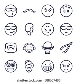 facial icons set. Set of 16 facial outline icons such as mustache, man hairstyle, woman in spa, spa mask, hat and moustache, face, laughing emot, sad emot, emoji