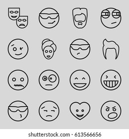 Facial icons set. set of 16 facial outline icons such as man hairstyle, spa mask, heart face, laughing emot, wink emot, rolling eyes emoji