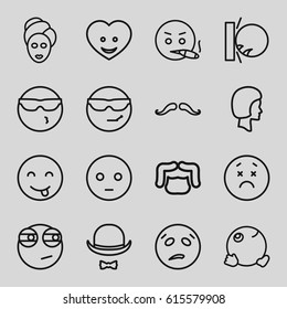Facial icons set. set of 16 facial outline icons such as mustache, man hairstyle, spa mask, heart face, hat and moustache, face, sad emot, cool emot in sunglasses