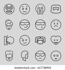 Facial icons set. set of 16 facial outline icons such as man hairstyle, spa mask, heart face, face, wink emot, sad emot, crying emoji