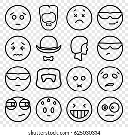 Facial icons set. set of 16 facial outline icons such as man hairstyle, hat and moustache, face, laughing emot, sad emot
