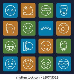 Facial icons set. set of 16 facial outline icons such as man hairstyle, mustache, crazy emot, laughing emot