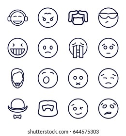 Facial icons set. set of 16 facial outline icons such as man hairstyle, hat and moustache, laughing emot, wink emot, emoji, crying emoji