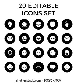 Facial icons. set of 20 editable filled facial icons such as mustache, man hairstyle, spa mask, sad emot. best quality facial elements in trendy style.