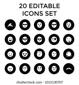 Facial icons. set of 20 editable filled facial icons such as woman in spa, crazy emot, sad emot, dancing emoji. best quality facial elements in trendy style.