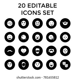 Facial icons. set of 20 editable filled facial icons such as man hairstyle, laughing emot, cool emot in sunglasses, angry emoji. best quality facial elements in trendy style.