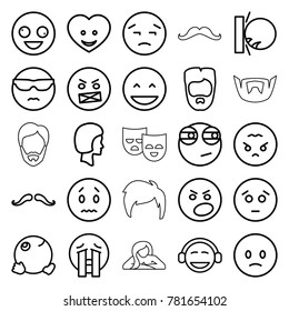 Facial icons. set of 25 editable outline facial icons such as mustache, man hairstyle, crazy emot, laughing emot, emoji, crying emoji, heart face, face, woman in spa