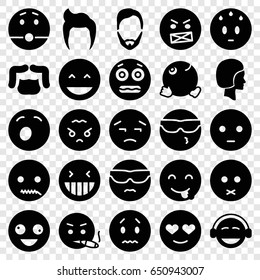 Facial icons set. set of 25 facial filled icons such as man hairstyle, crazy emot, laughing emot, emoji, shocked emoji